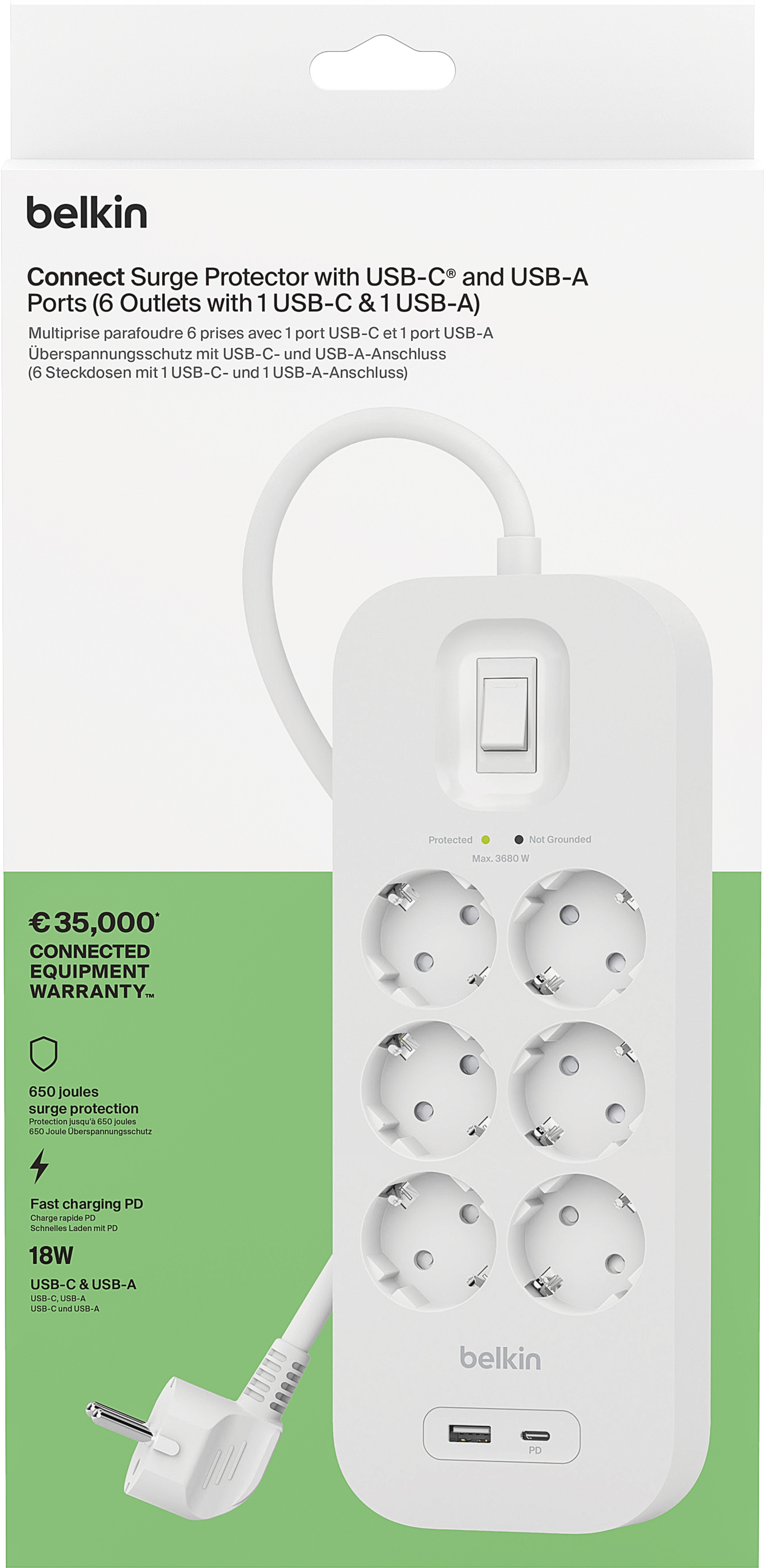 Power Strip 6x Surge Protect +2xUSB 2m