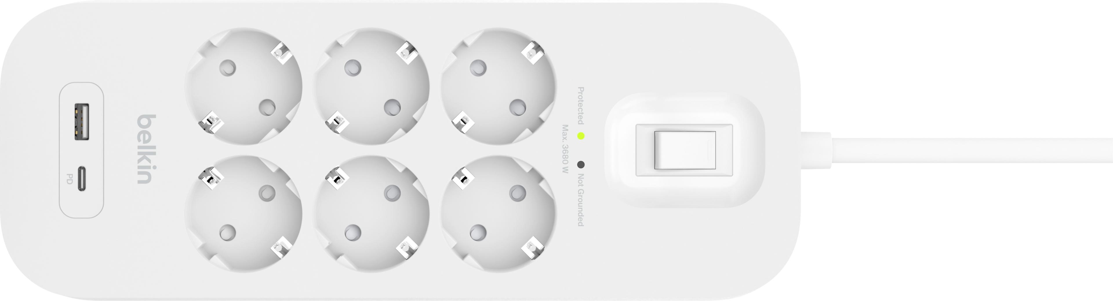 Power Strip 6x Surge Protect +2xUSB 2m