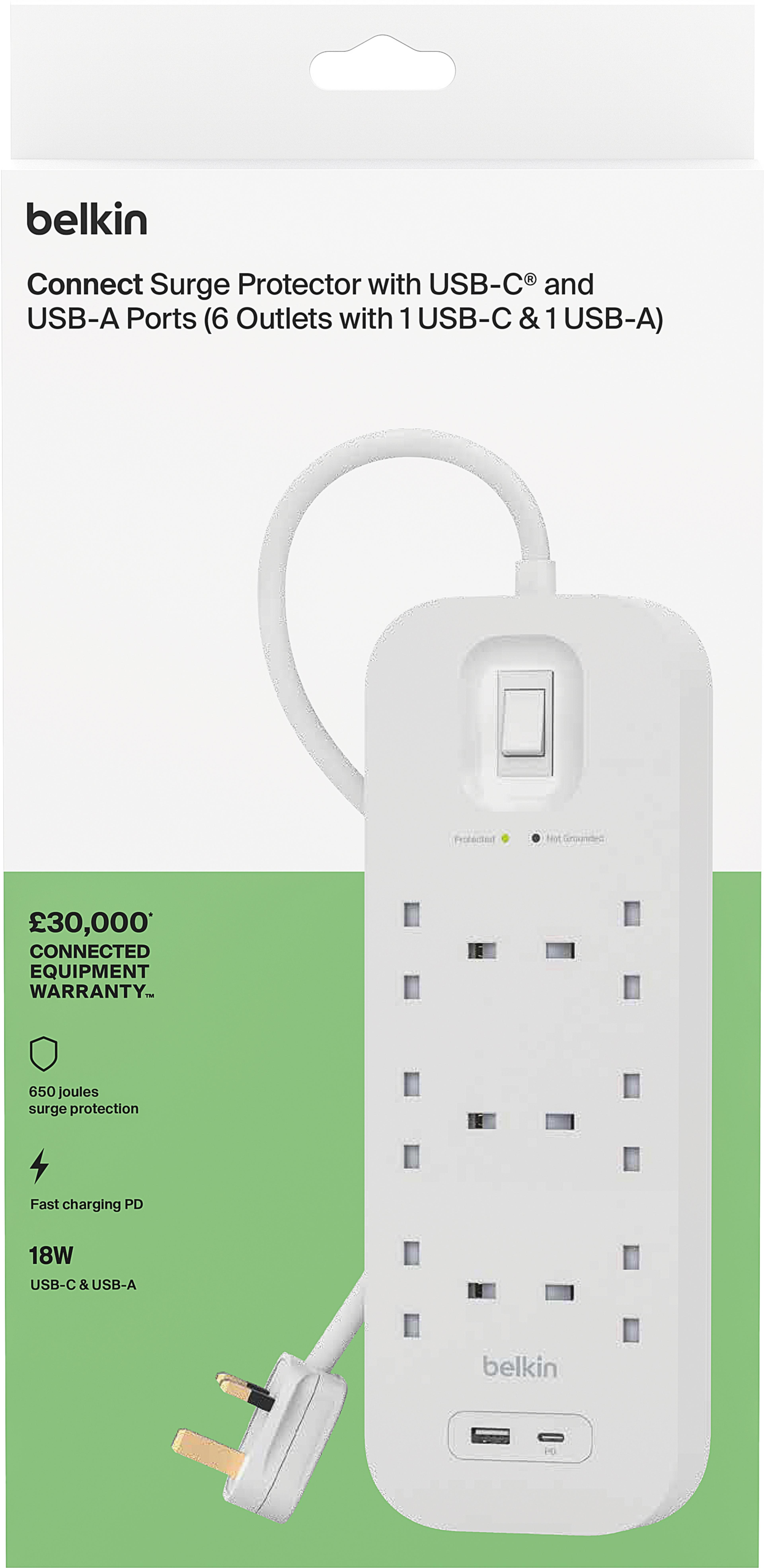 Power Strip 6x Surge Protect +2xUSB 2m
