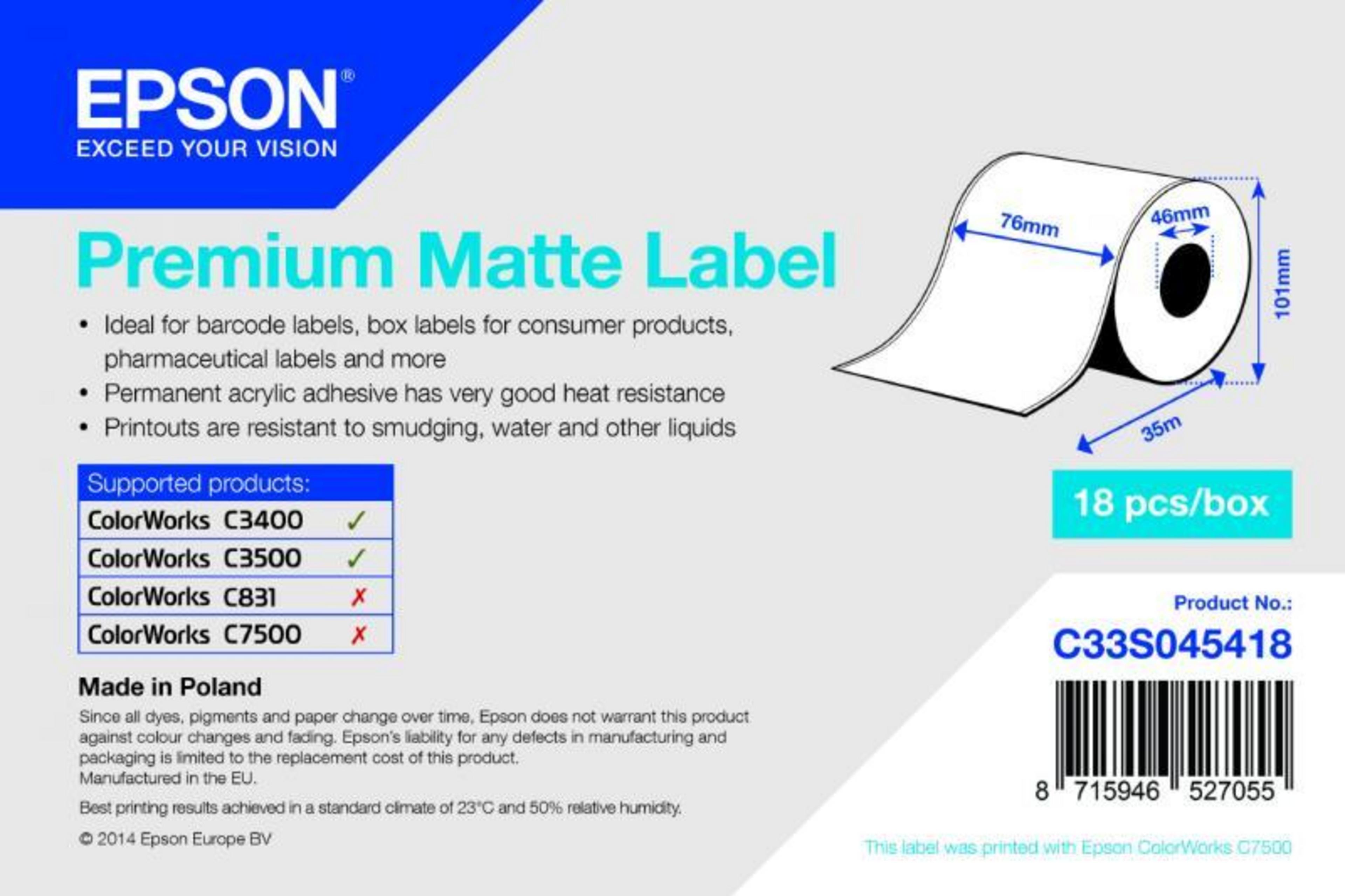 Epson Prem. 76mm x 35m Cont. Roll Matte