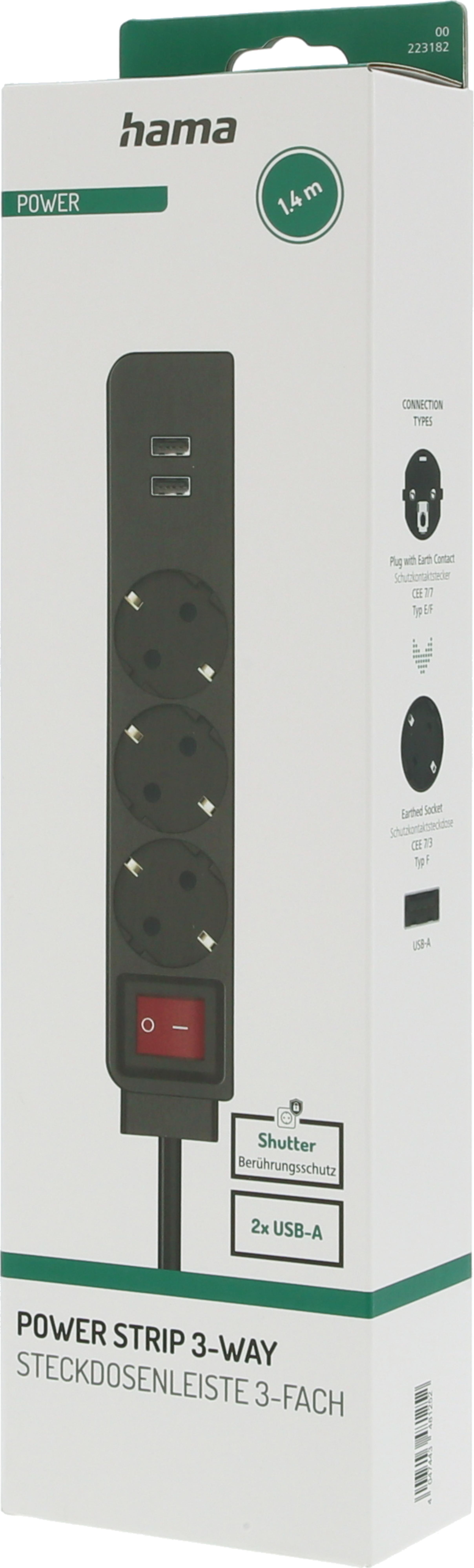 Steckdosenleiste 3fach + 2xUSB 1,4 m