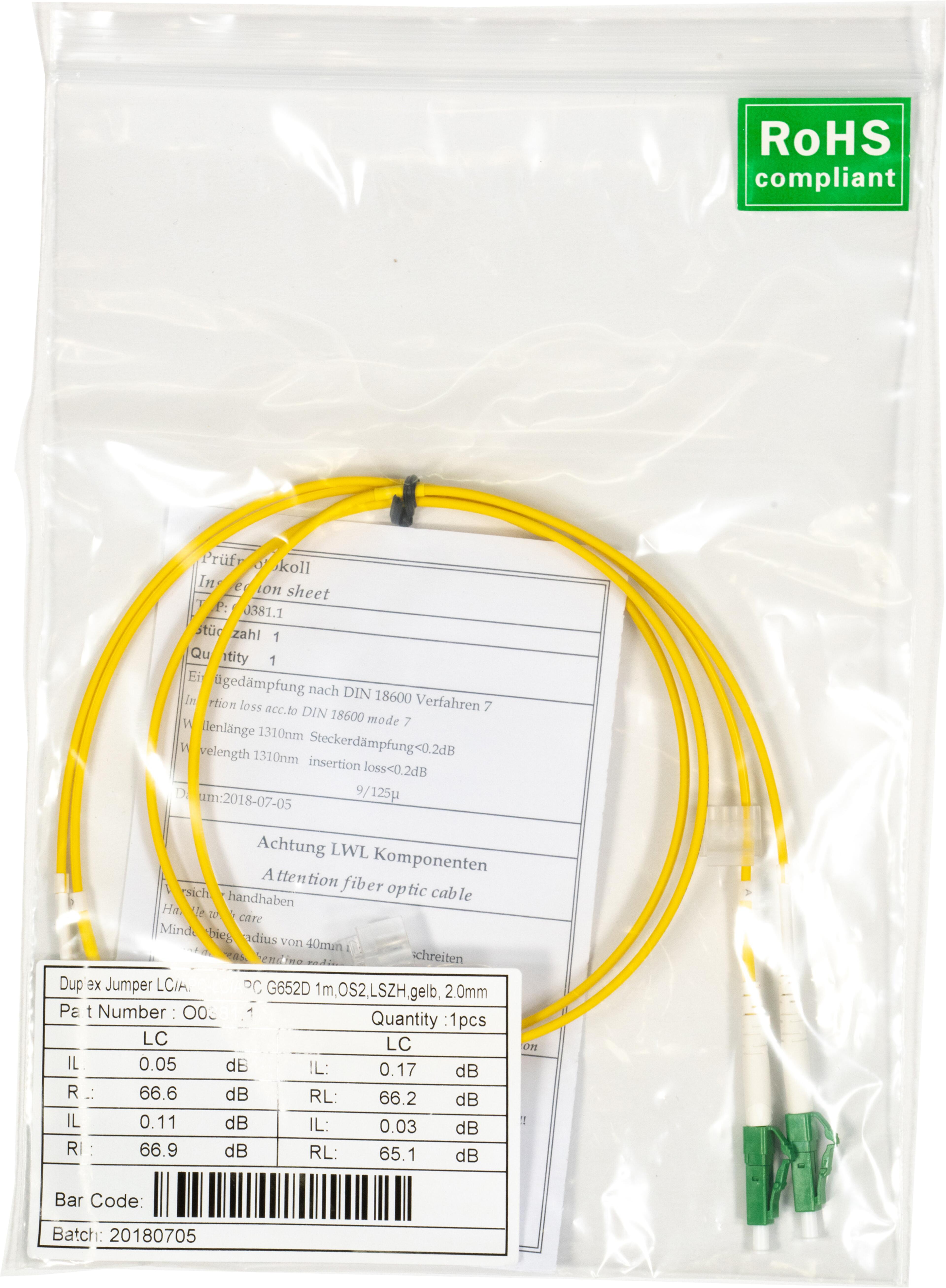 Câble patch FO duplex LC8°-LC8° 1 m 9µ