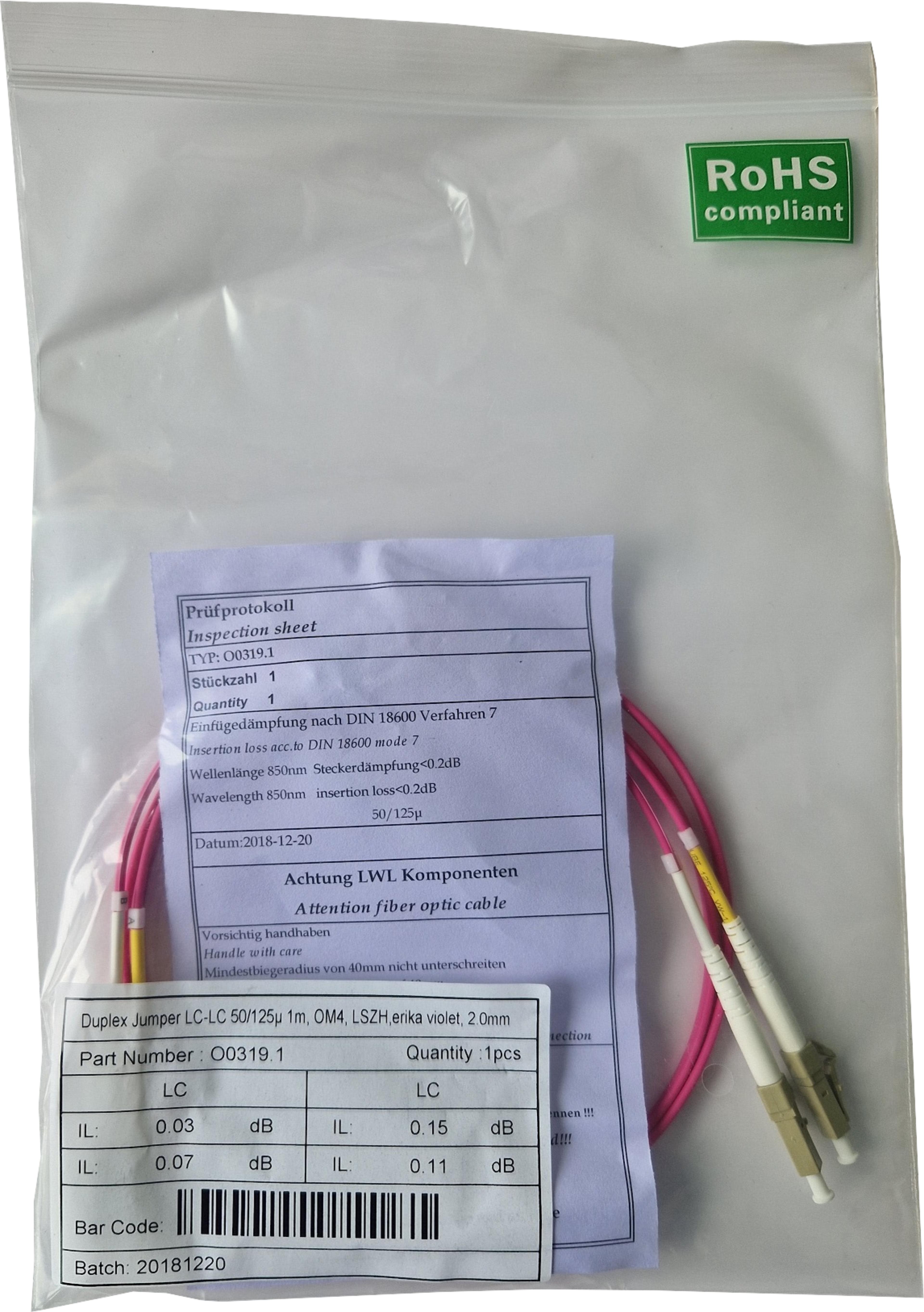 LWL Duplex Patchkabel LC-LC 1 m 50/125 µ