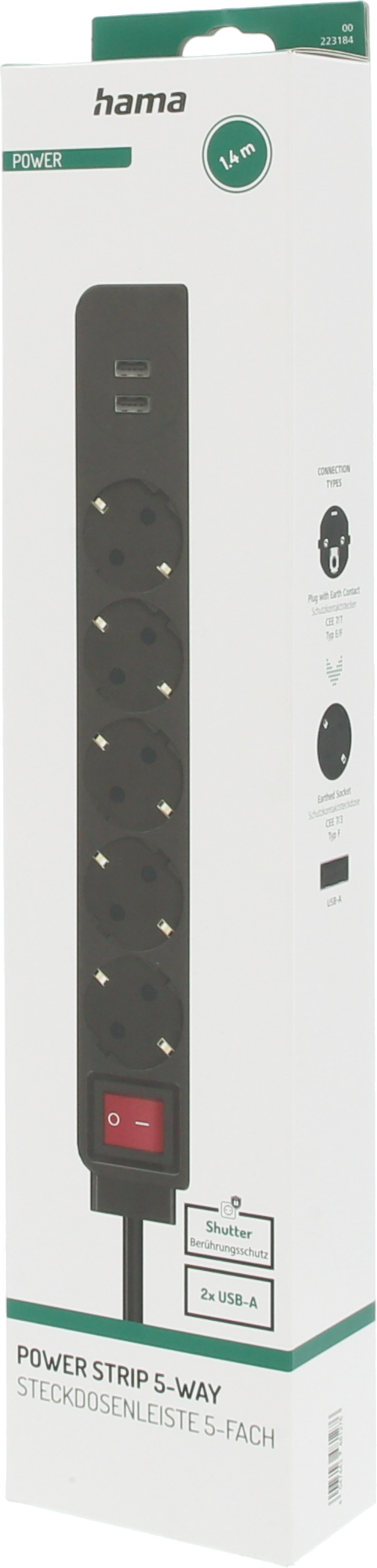 Power Strip 5-way + 2x USB 1.4m