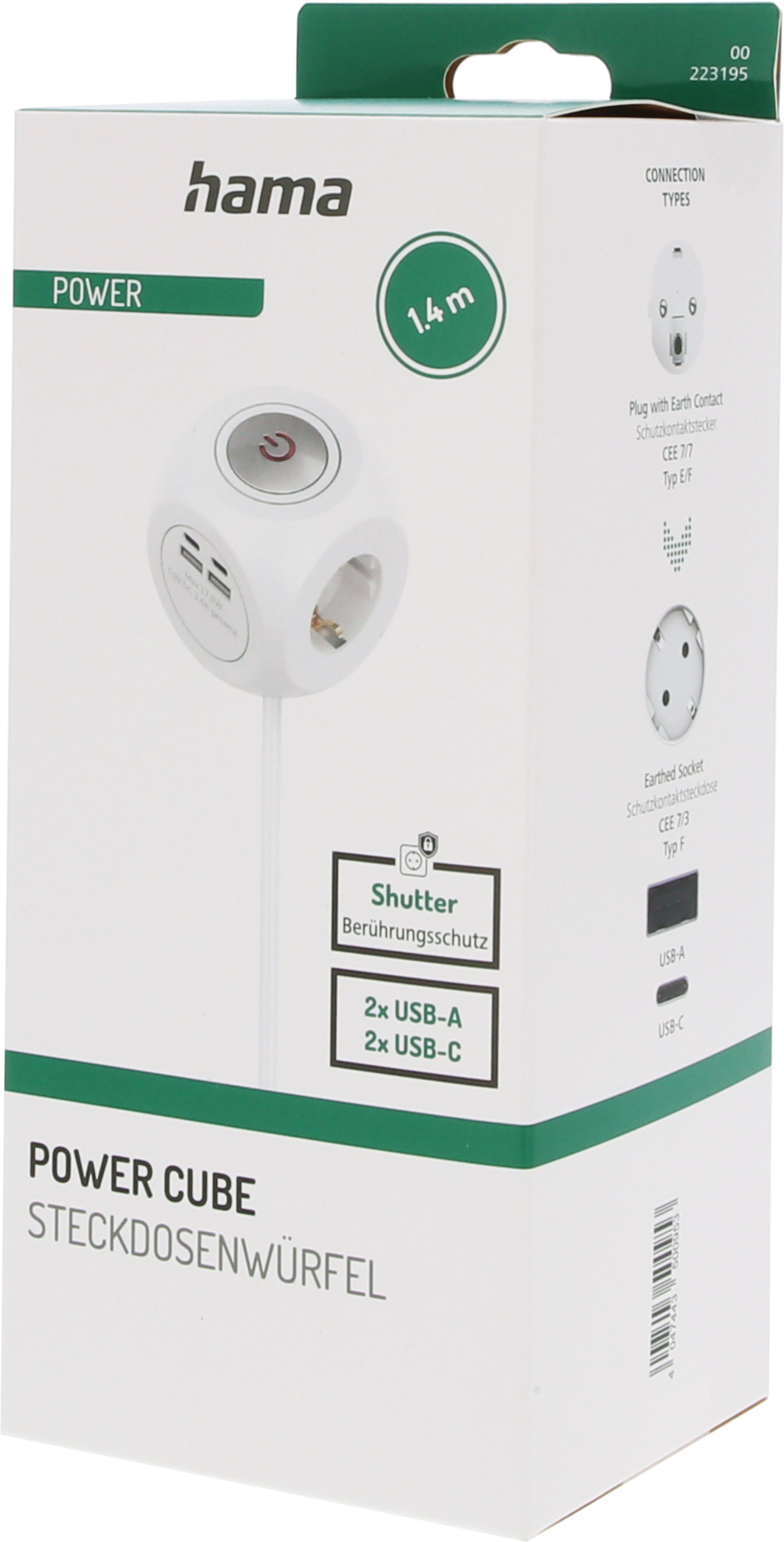 Multi Socket Cube 3-way + 4x USB 1.4m