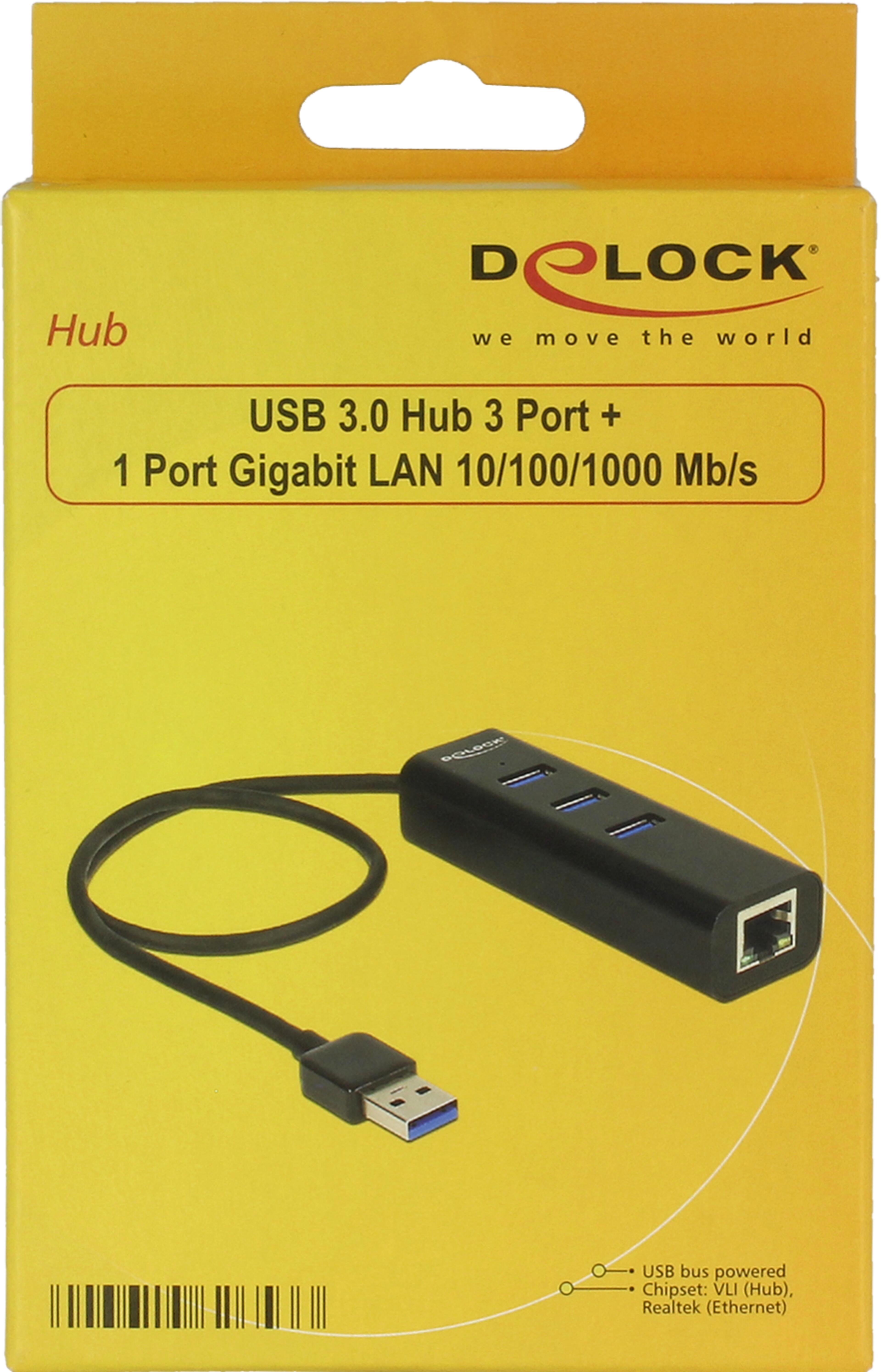 Delock USB Hub 3.0 3-Port + RJ45 schwarz