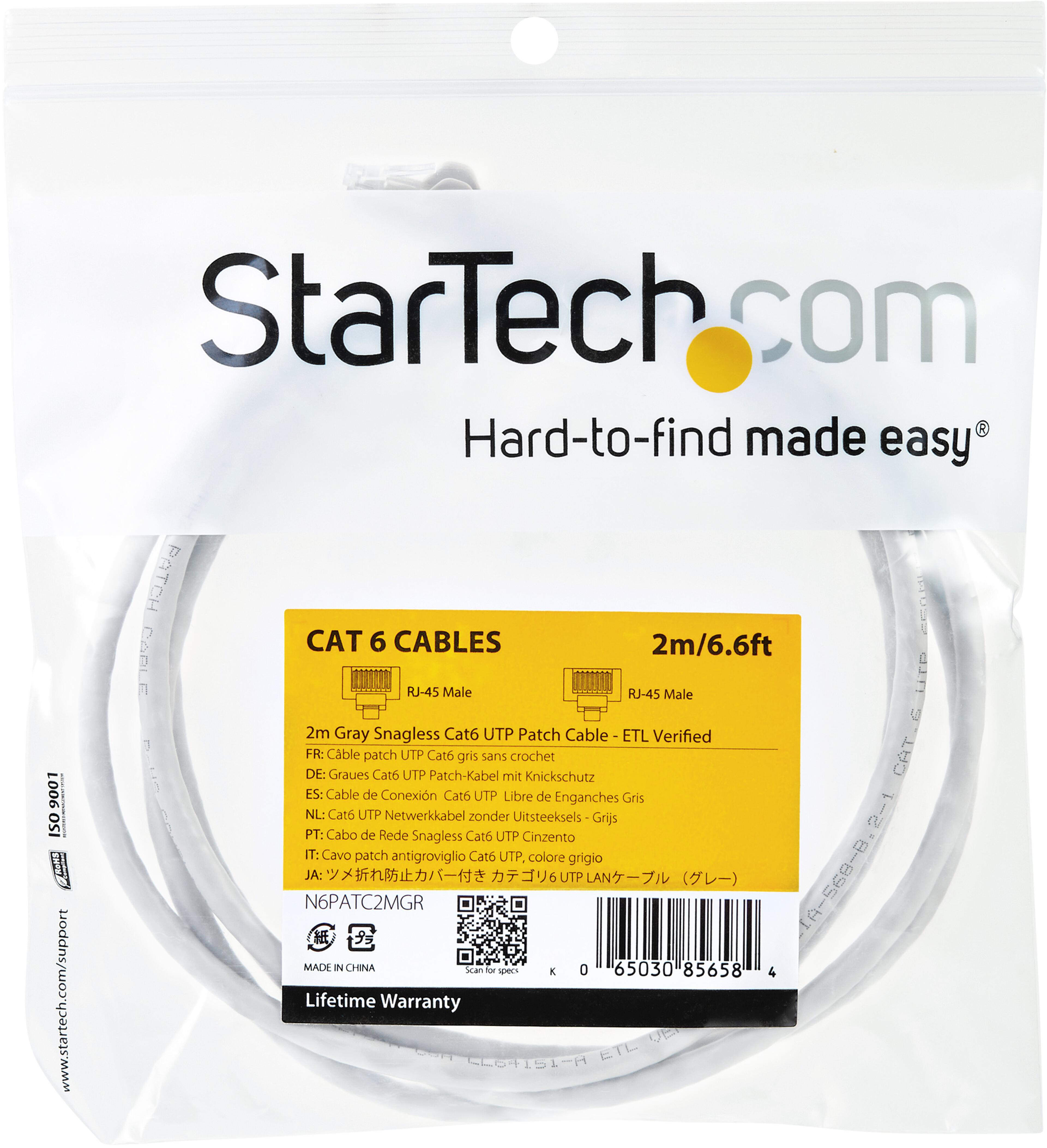 Patch Cable RJ45 U/UTP Cat6 2m Grey