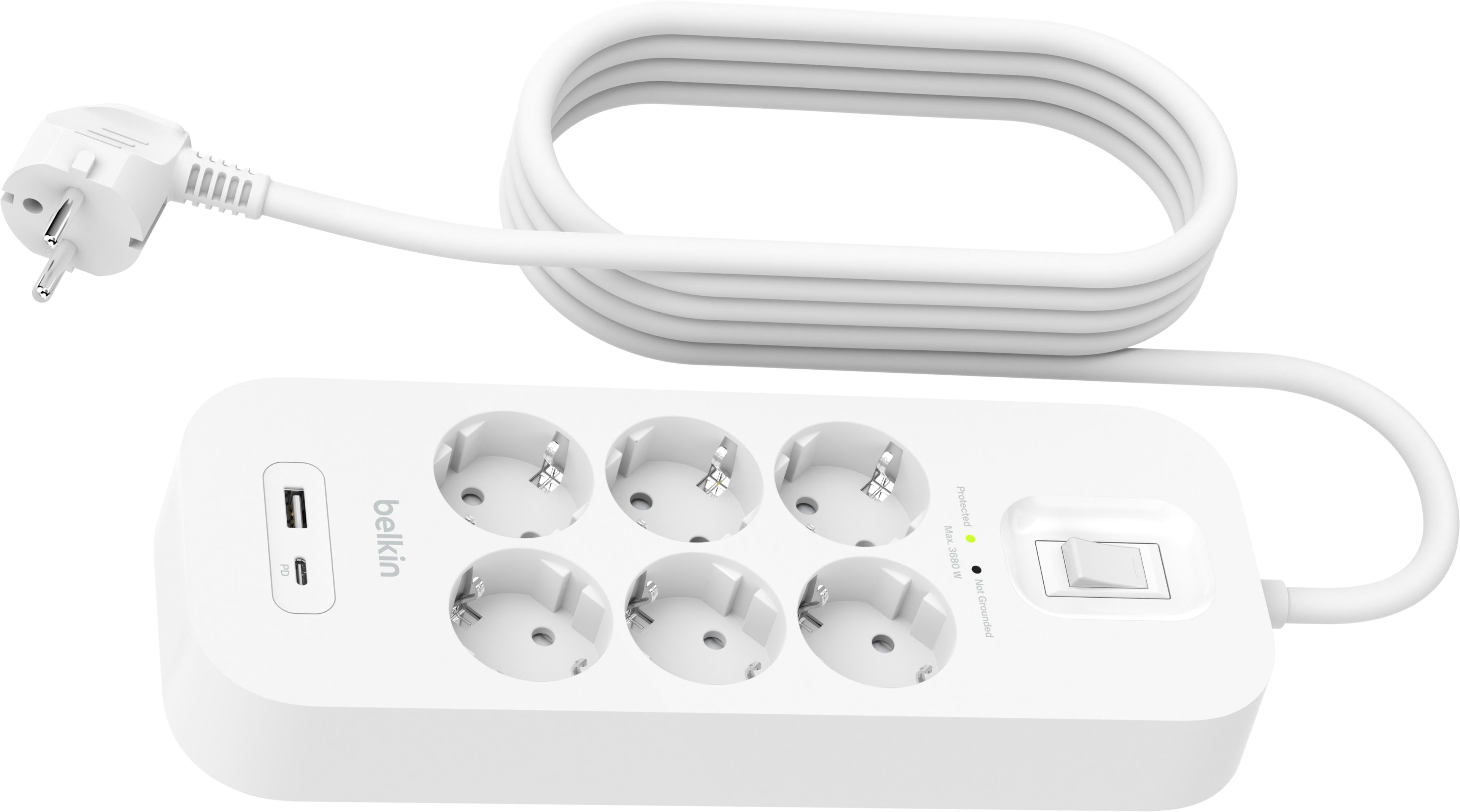 Power Strip 6x Surge Protect +2xUSB 2m
