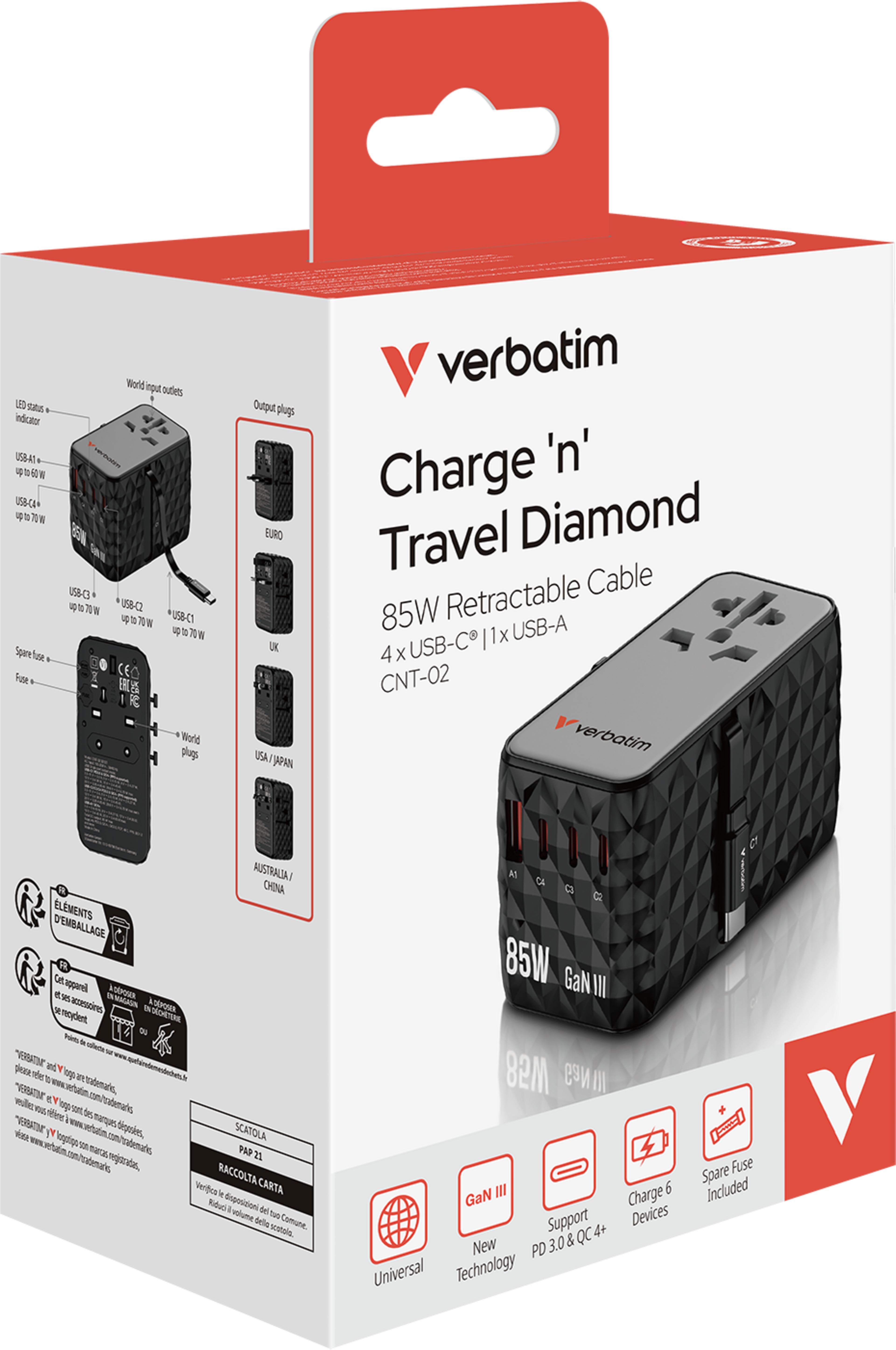 Verbatim World+5x USB GaN Travel Adapter