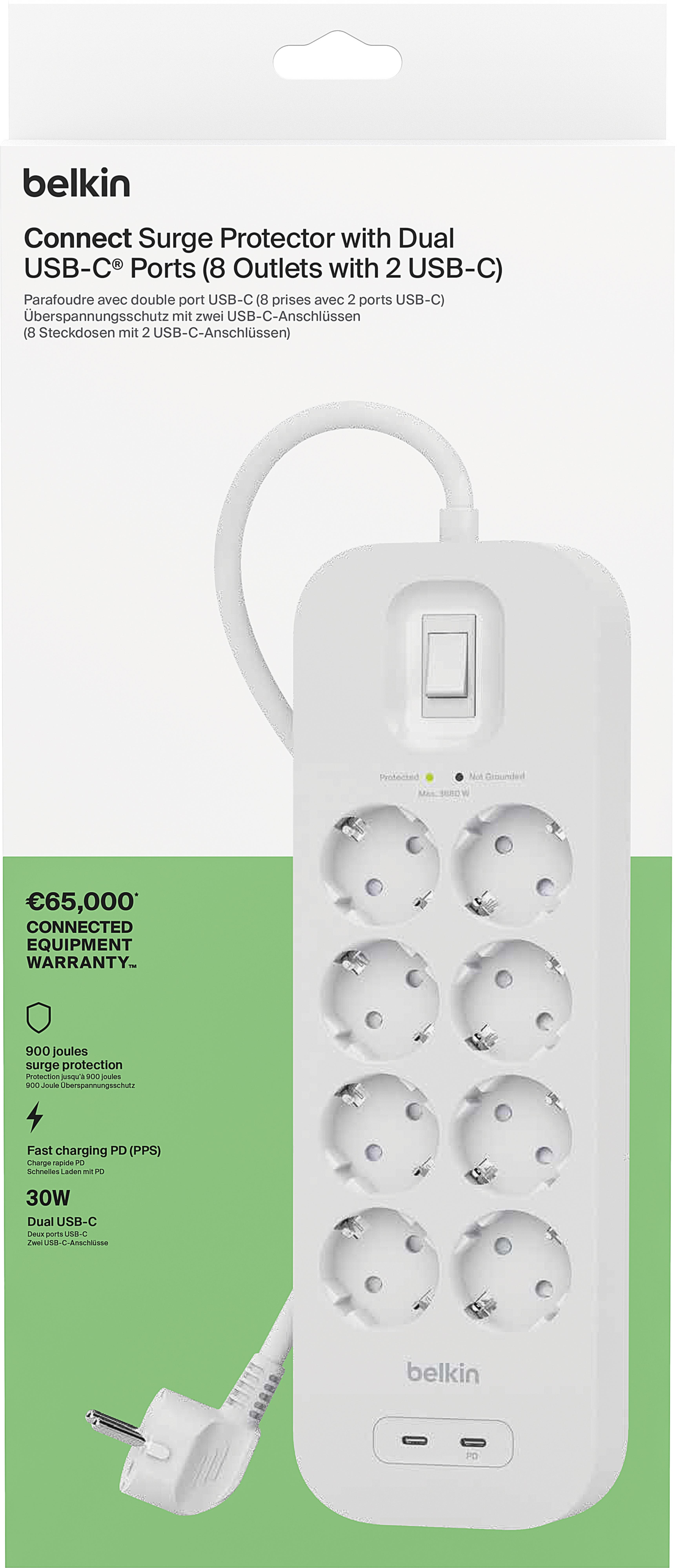 Power Strip 8x Surge Protect +2xUSB 2m