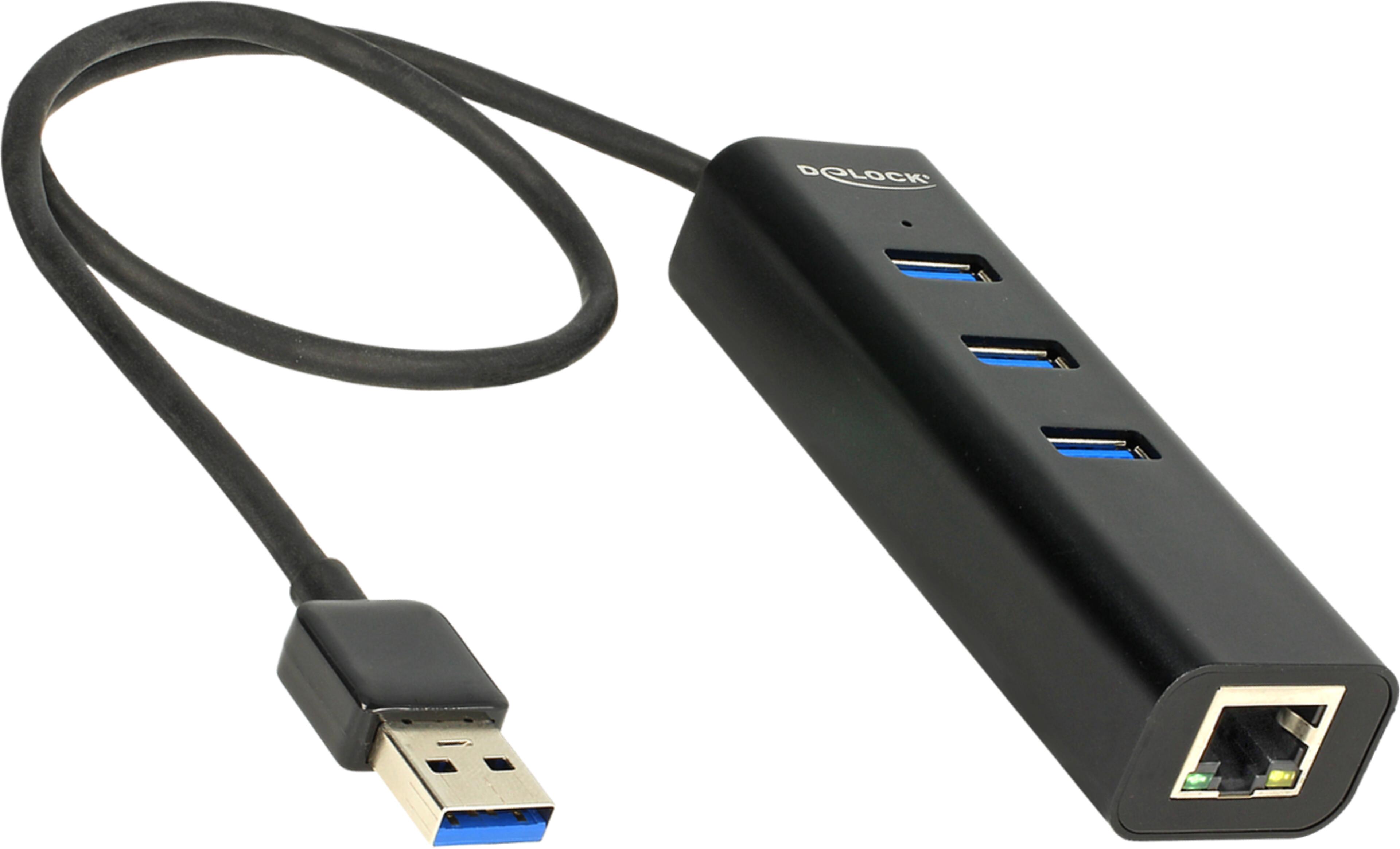 Delock USB Hub 3.0 3-Port + RJ45 schwarz