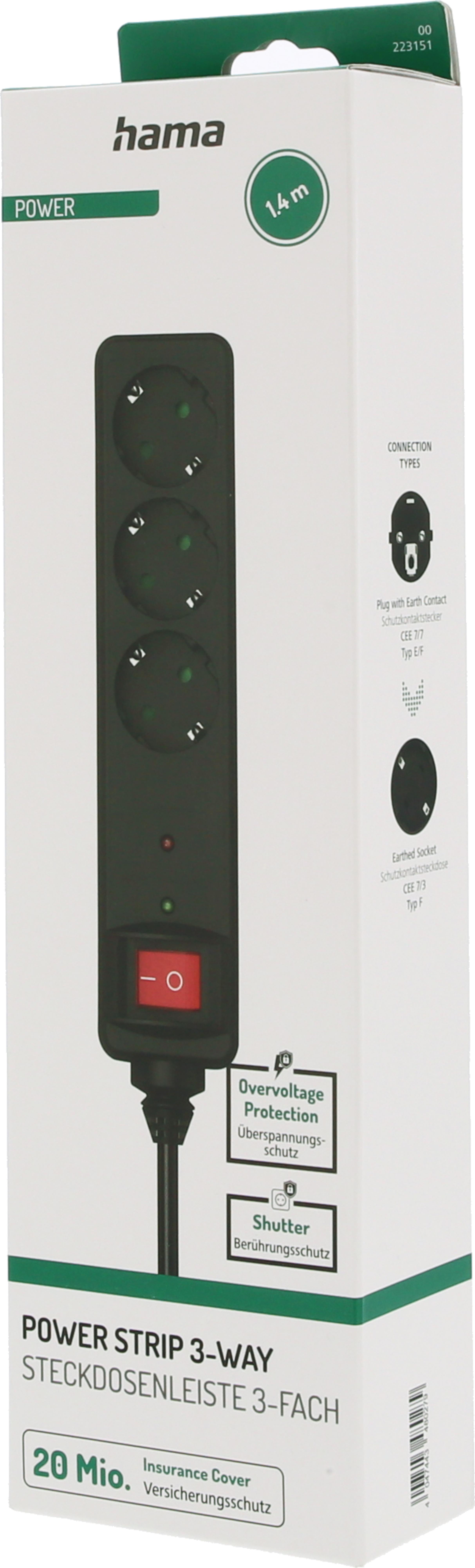 Power Strip 3x Surge Protect 1.4m Switch