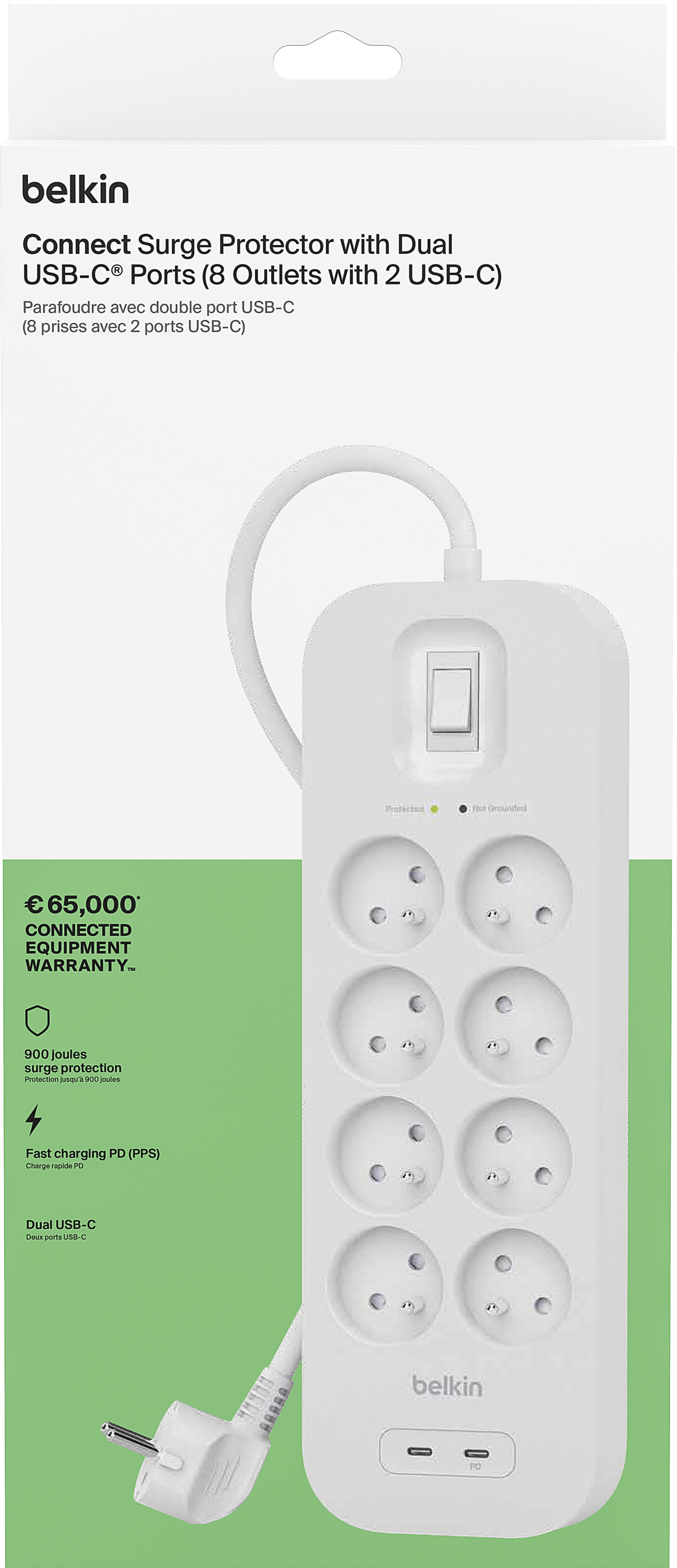 Power Strip 8x Surge Protect +2xUSB 2m