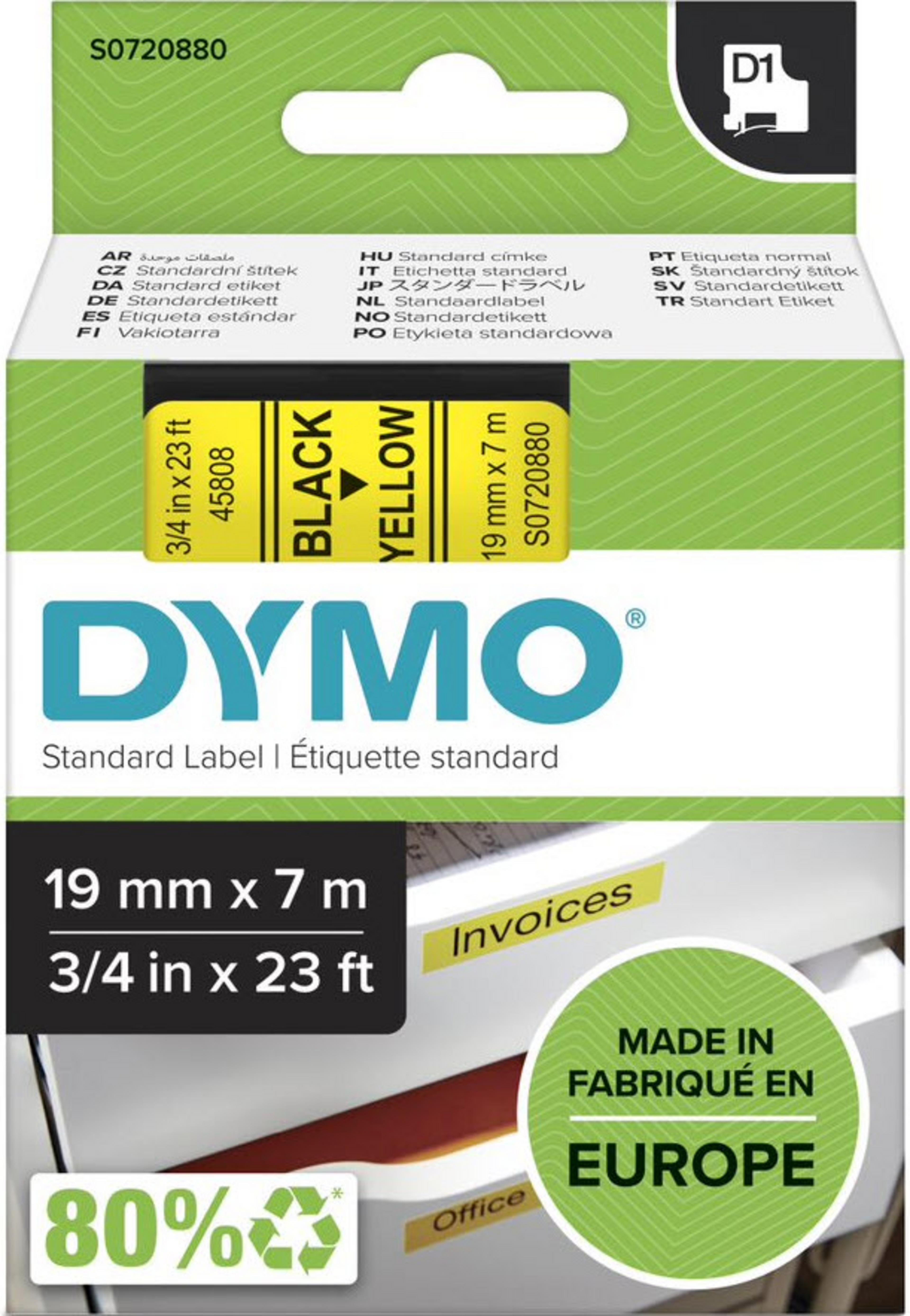 Ruban Dymo D1 jaune/noir, 19 mm