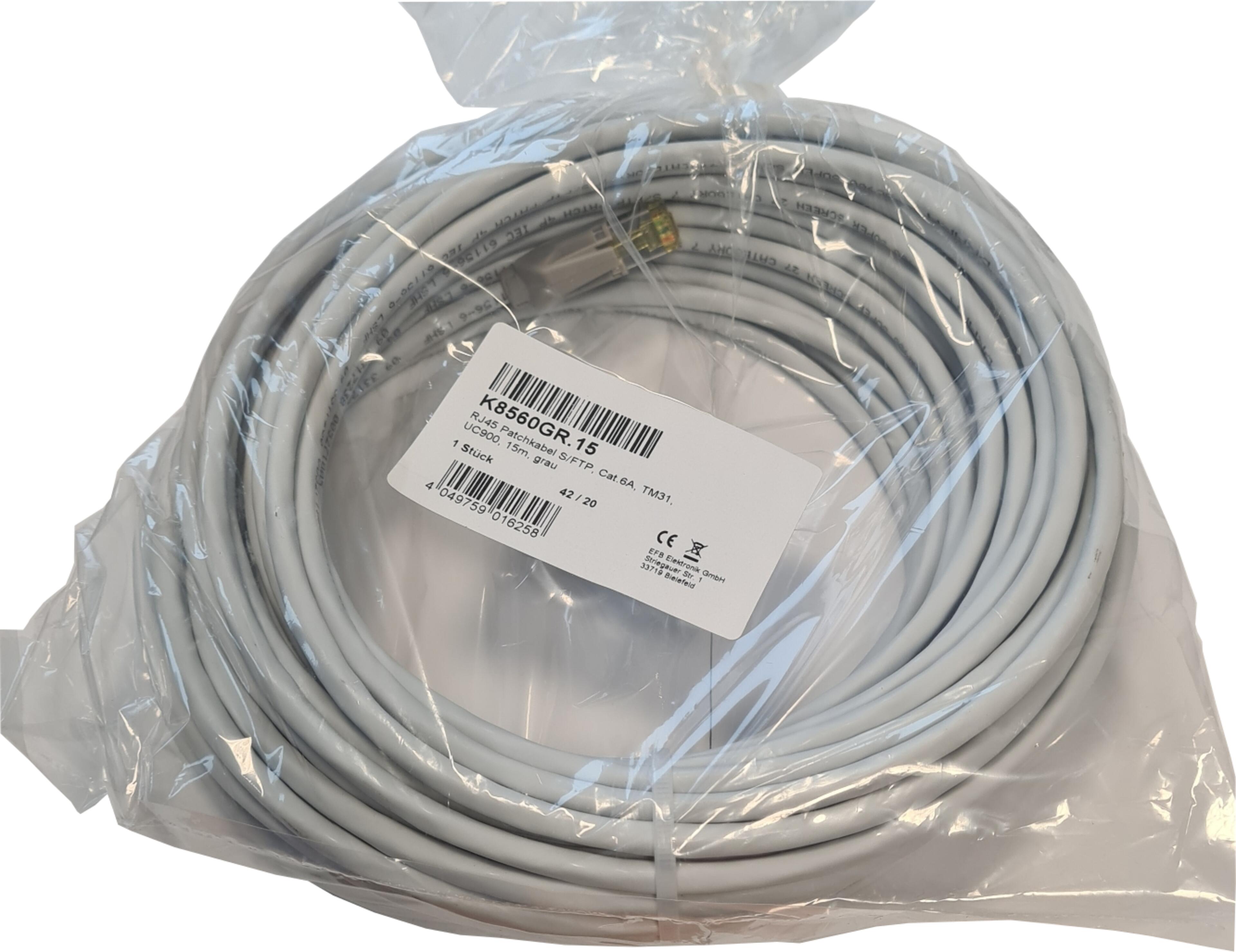 Patch Cable RJ45 S/FTP Cat6a 15m Grey