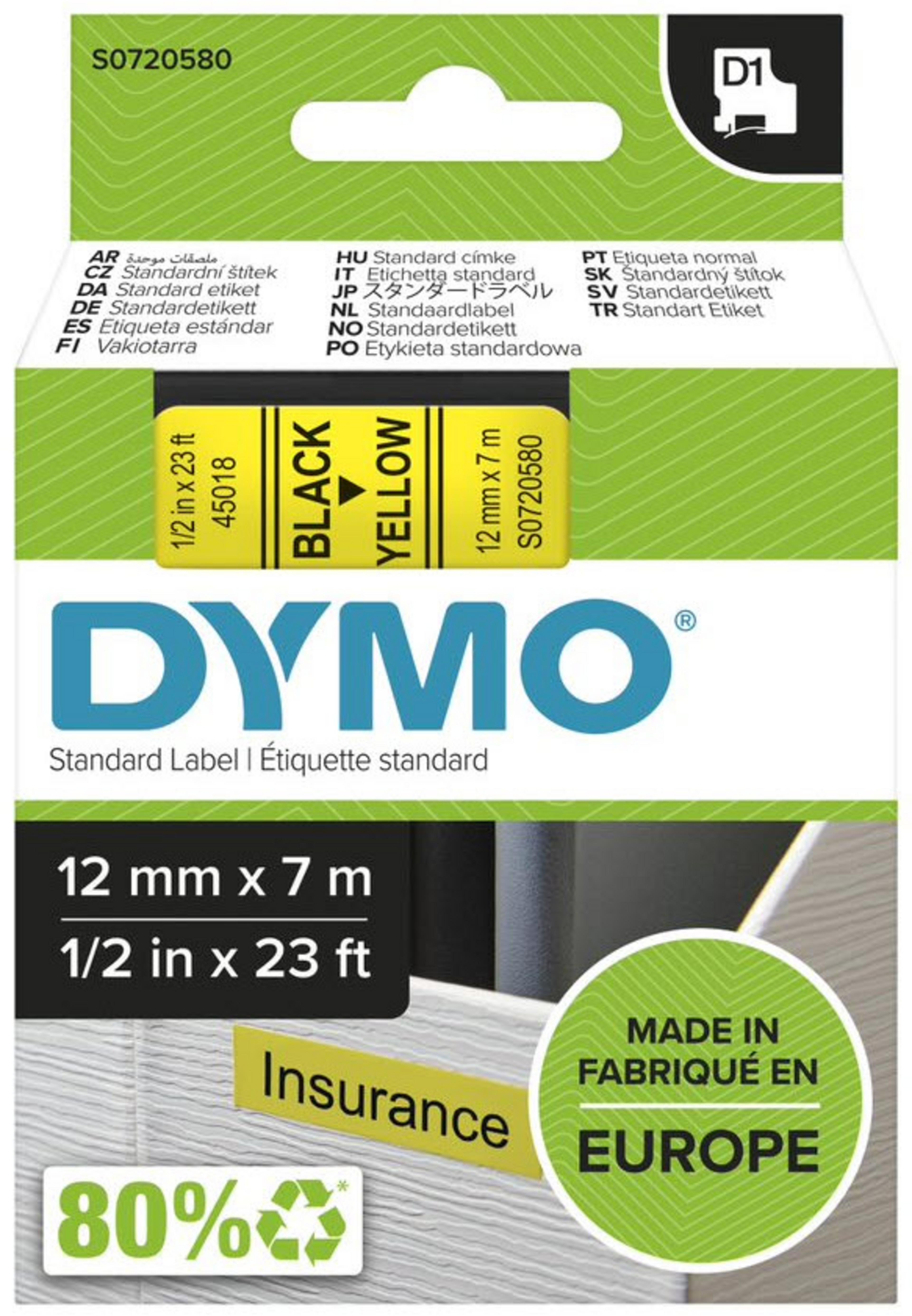 DYMO LM 12mmx7m D1 Label Tape Yellow