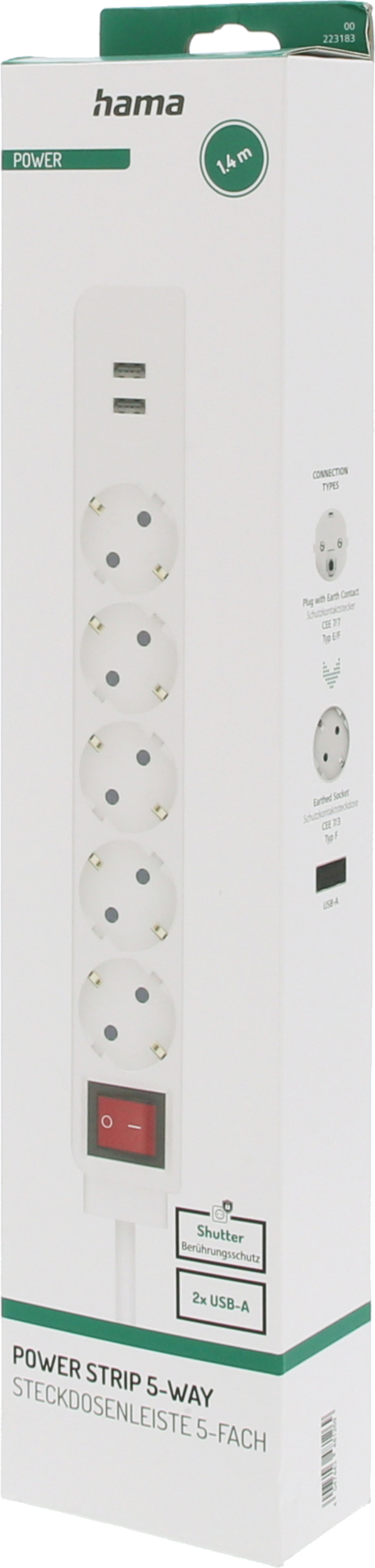 Power Strip 5-way + 2x USB 1.4m