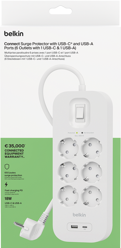 Power Strip 6x Surge Protect +2xUSB 2m