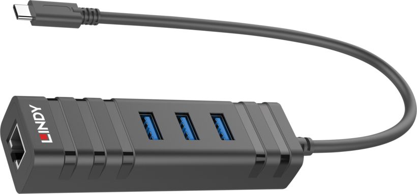 Hub Lindy de USB-C/A a 3 puertos USB-A 3.0 + Gigabit Ethernet