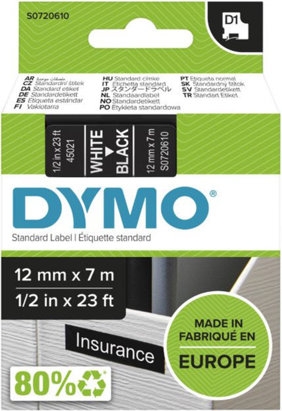 Dymo D1 Label Tape White/Black 12mm