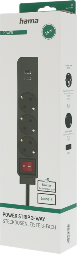 Power Strip 3-way + 2x USB 1.4m