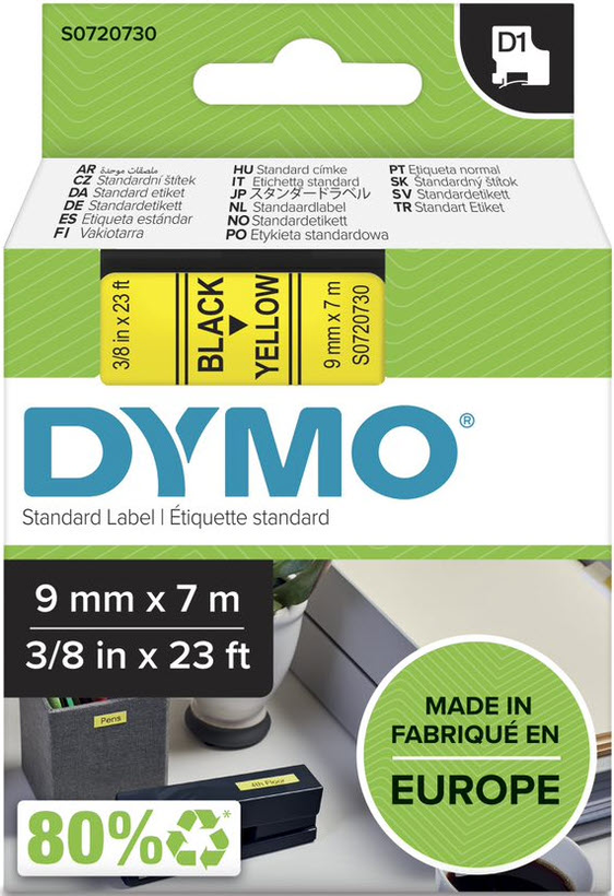 Dymo D1 Label Tape Yellow/Black 9mm