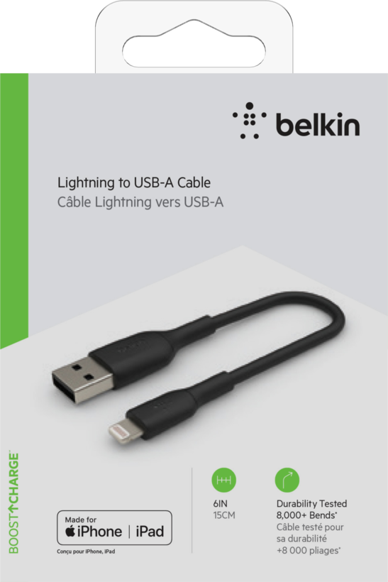 Câble USB Belkin type A-Lightning, 0,15m