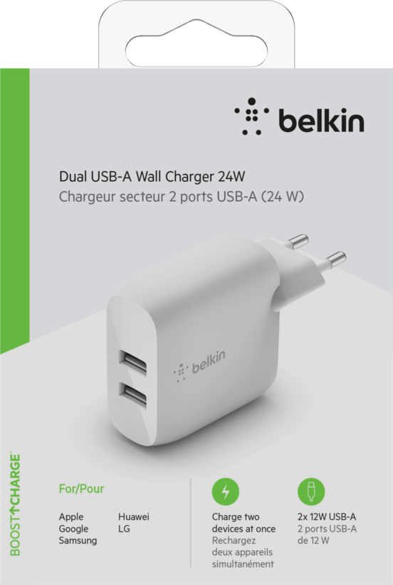 Chargeur USB-A Belkin 24 W double