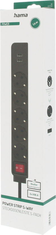 Power Strip 5-way + 2x USB 1.4m