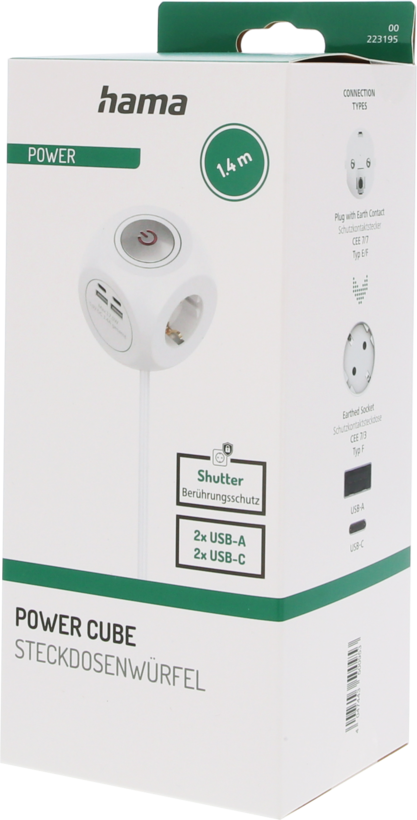 Multi Socket Cube 3-way + 4x USB 1.4m