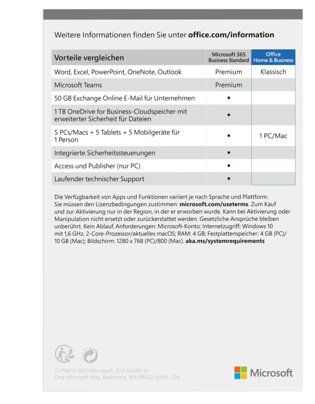 Microsoft Office Home & Business 2021 1 License Medialess