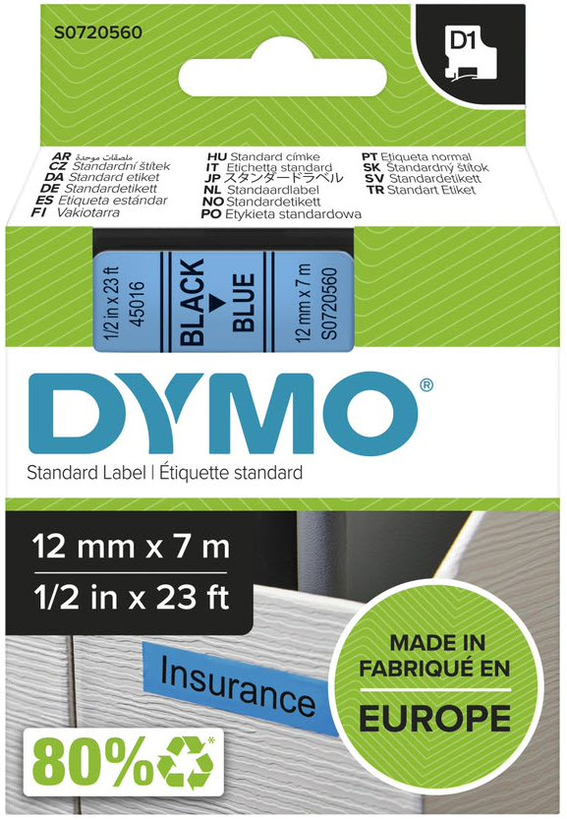 Dymo D1 Label Tape Blue/Black 12mm
