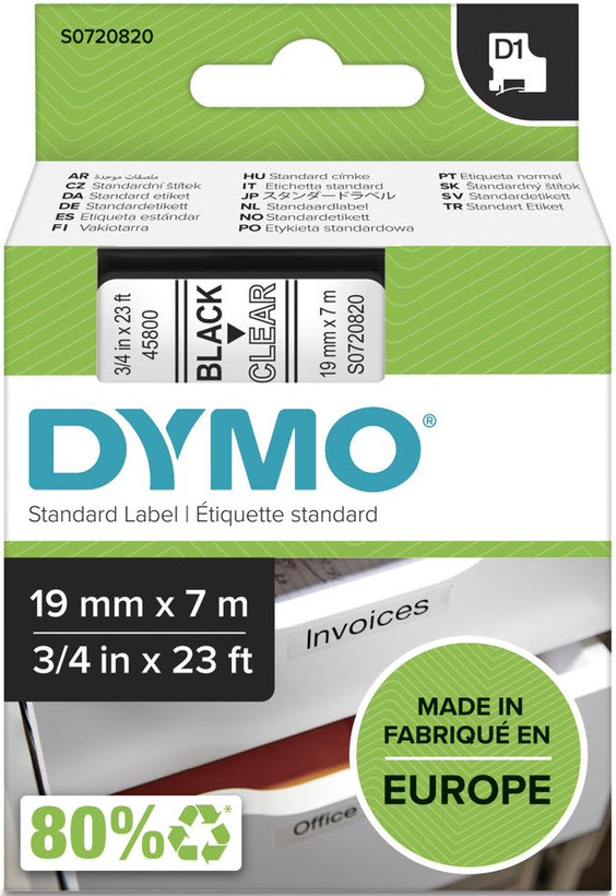 Dymo D1 Label Tape Transp./Black 19mm