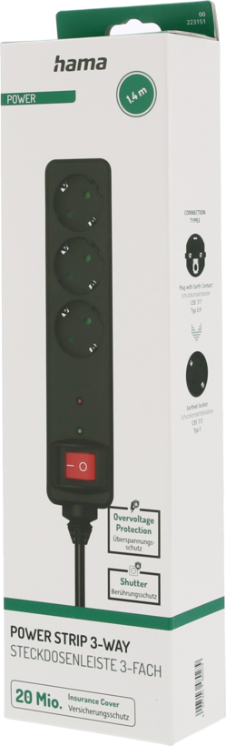 Power Strip 3x Surge Protect 1.4m Switch