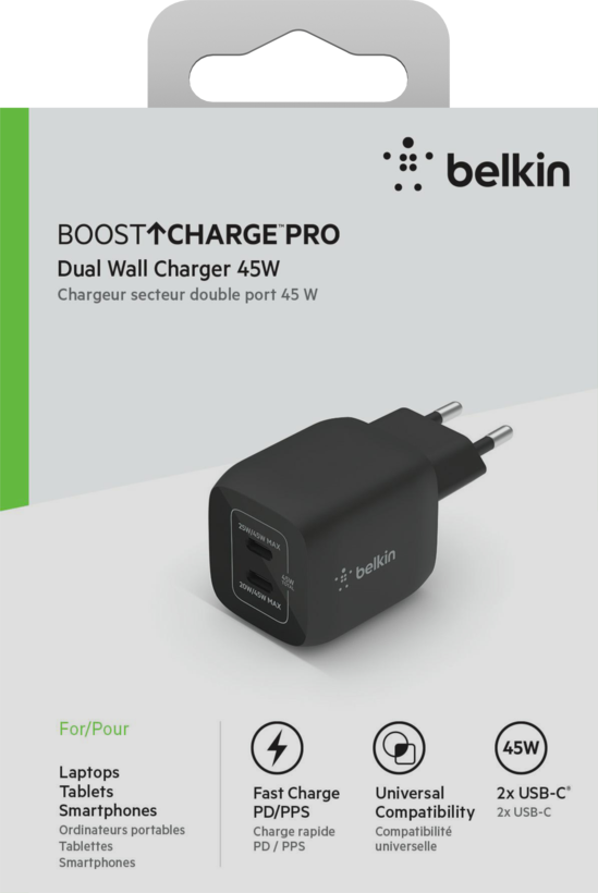Chargeur GaN Belkin 45 W double USB-C