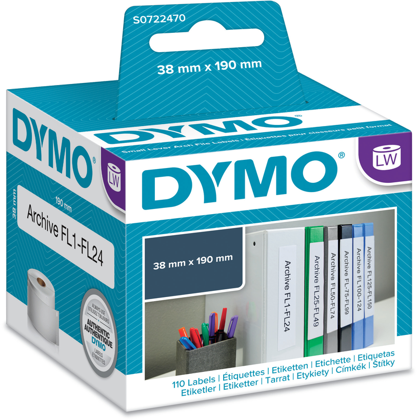 DYMO LW 38x190mm Lever Arch Labels White