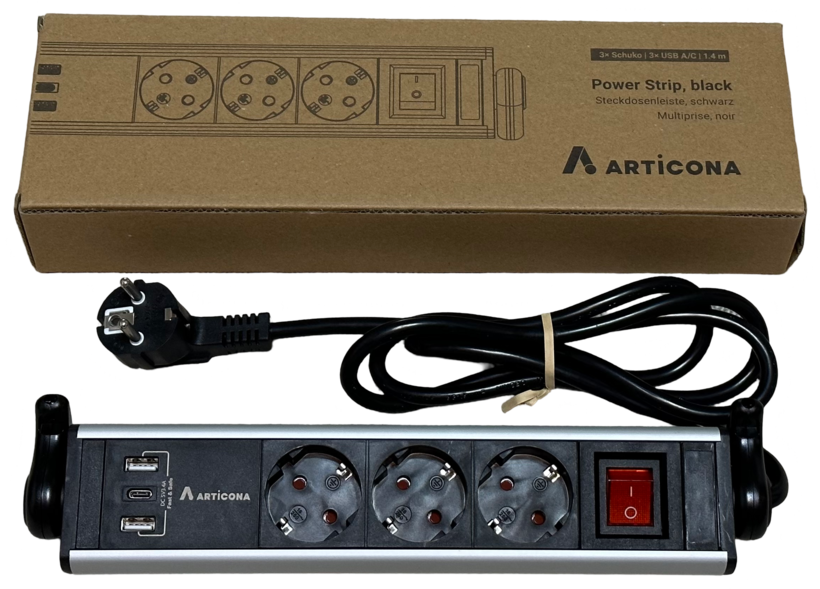3-way Power Strip + 3x USB A/C 1.4m