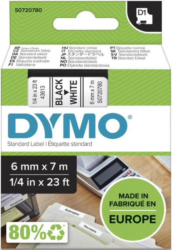 Dymo D1 feliratozó szalag fehér/fek. 6mm