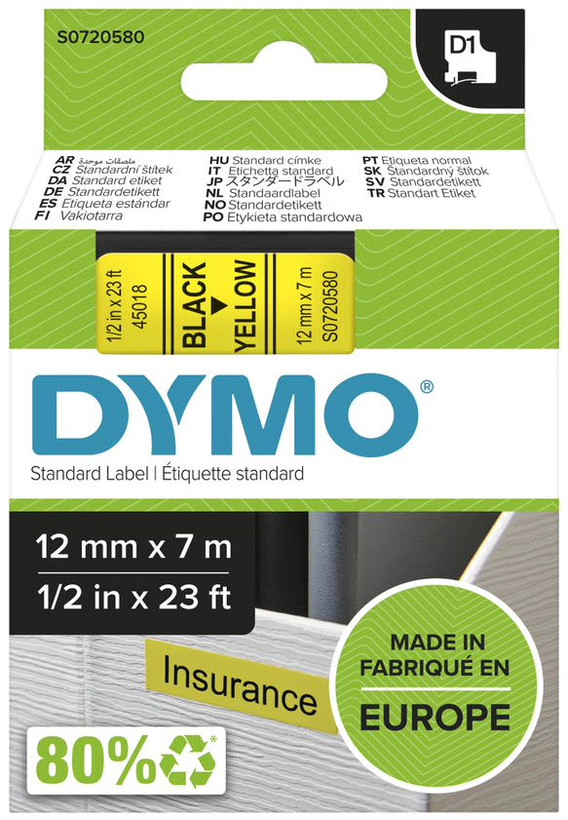 Dymo D1 Label Tape Yellow/Black 12mm