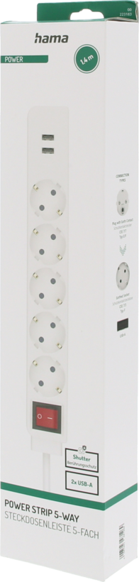 Power Strip 5-way + 2x USB 1.4m