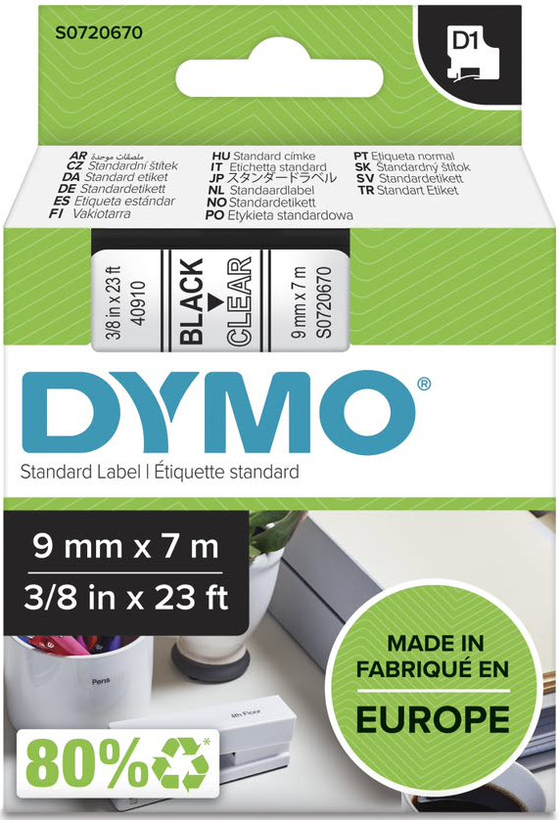 DYMO D1 Label Tape 9mm Clear/Black
