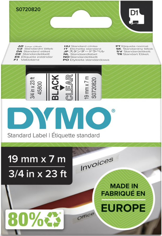 DYMO D1 Label Tape 19mm Clear/Black