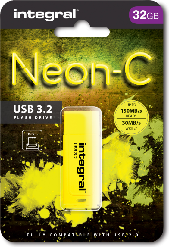 Clé USB 3.2 Integral 32Go Neon-C jaune