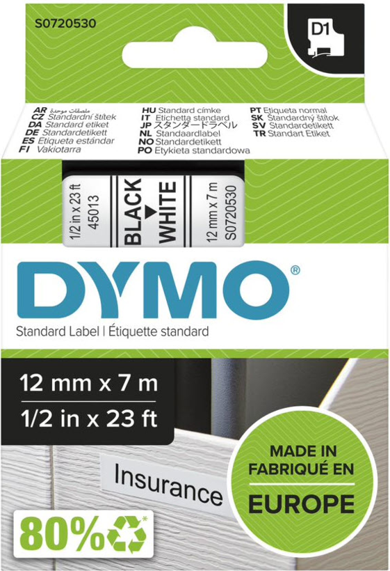 DYMO LM 12mmx7m D1 Label Tape White