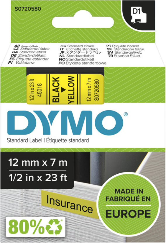 DYMO LM 12mmx7m D1 Label Tape Yellow