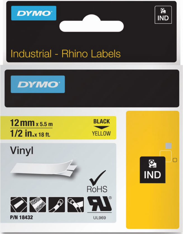 Dymo Rhino vinyl szalag sárga 12 mm