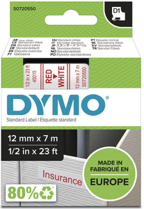 Dymo D1 Label Tape White/Red 12mm