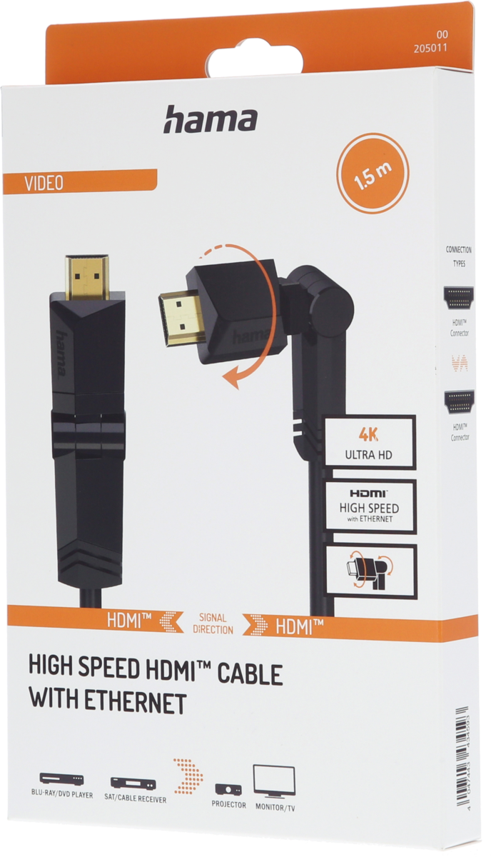 Câble HDMI Haut Débit Coudé 90 Degres Plaqué OR 1,5M Blindé - HAMA